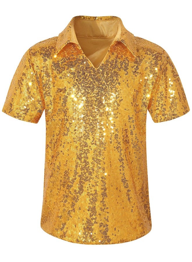 Spring&Gege Boy's Short Sleeve Turndown Sparkle Sequins Polo Shirt 70s Disco T-Shirt, Gold, Size 7-8 Years - Image 1